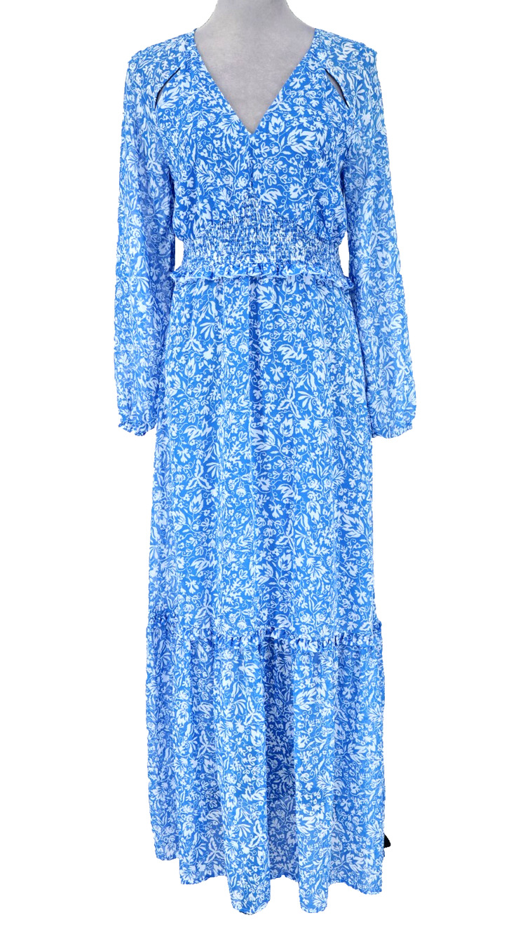 Avec Les Filles Dress Womens 2 Blue White Floral Smocked Maxi Chiffon Coastal